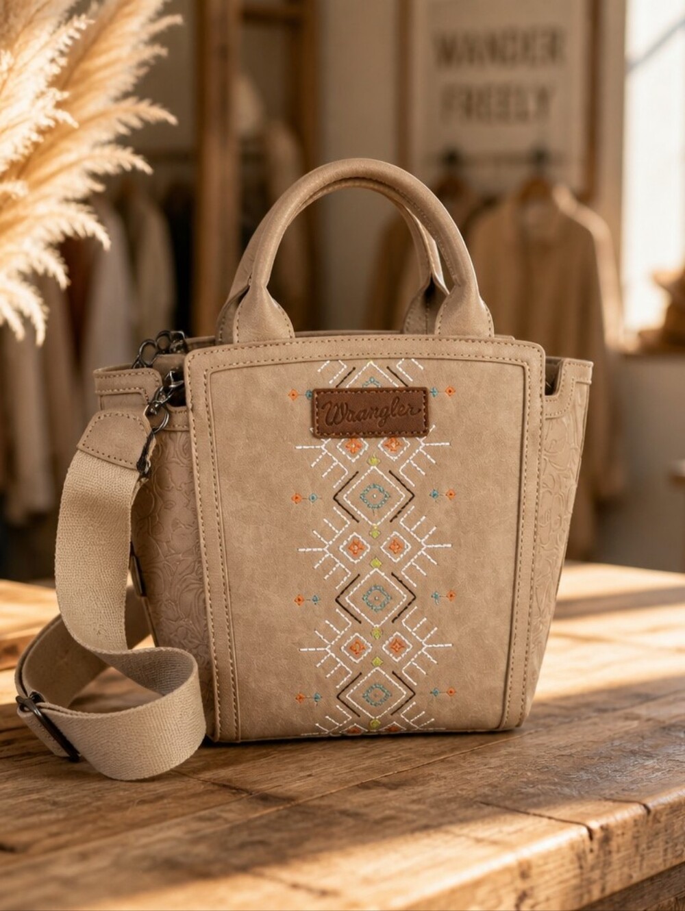 Wrangler Beige Embroidered Suede Crossbody Tote
